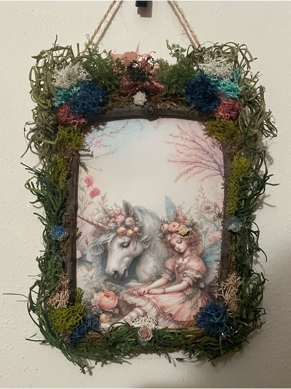 Fairy and Unicorn print handcrafted border whimsical wall decor moss flowers